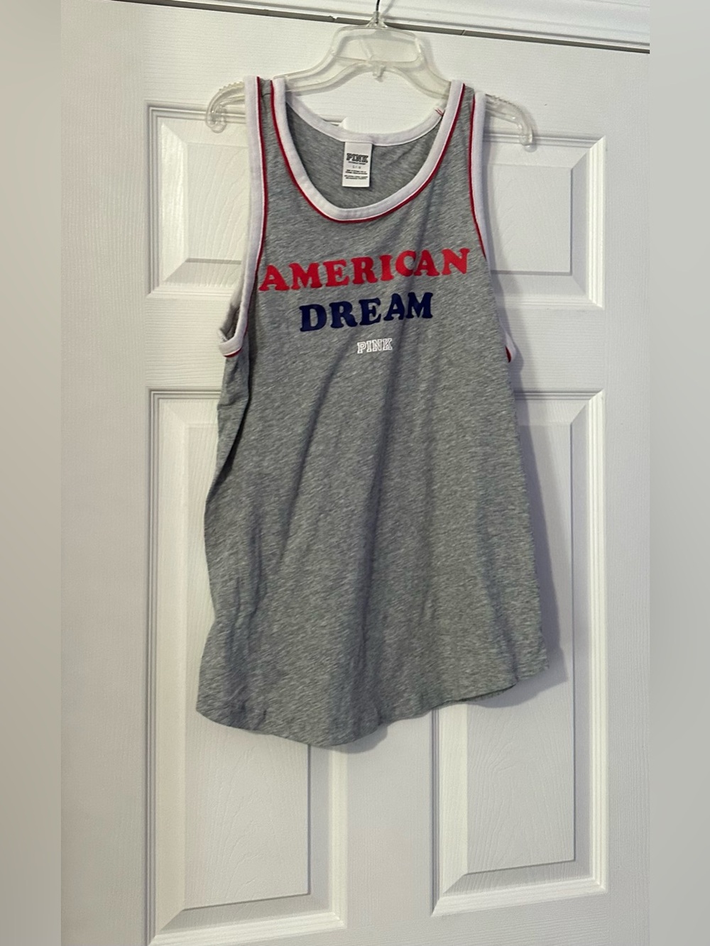 PINK Victoria's Secret Gray Tank red & white is a size Large.